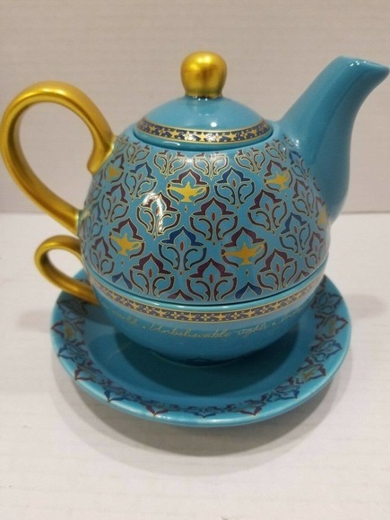 Disney Aladdin The Musical Teapot Cup Saucer Magic Lamp 3 pc set blue RARE - Picture 4 of 9